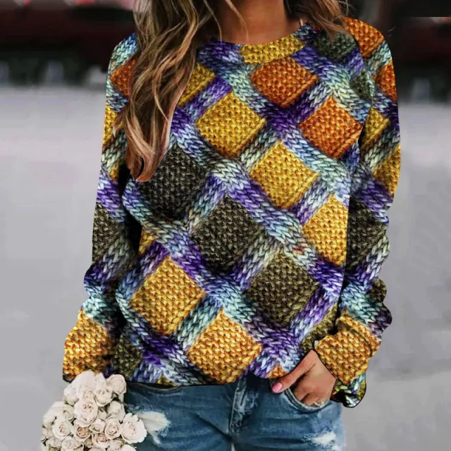 Printed Patchwork Round Neck Raglan Long Sleeve Women's Sweater Tmw1011Color Xl - Shop at LoveMi