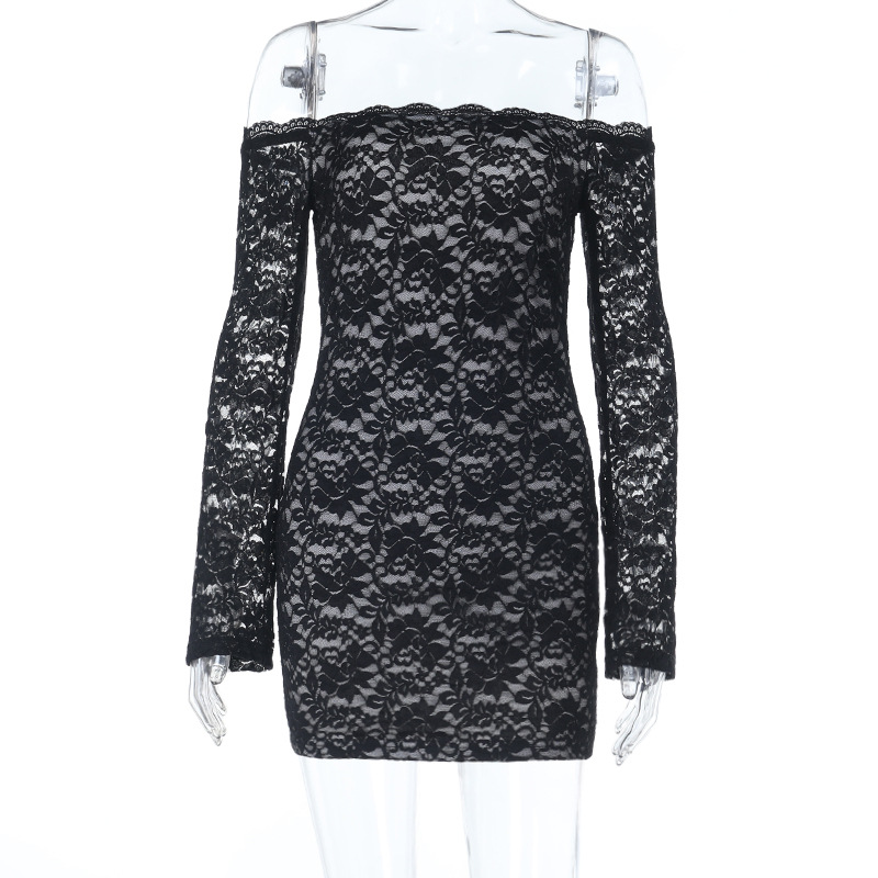 One shoulder Lace Long sleeved Dress Sexy Sheer Black - Shop at LoveMi