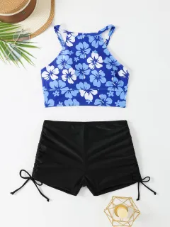 Vest High Waist Drawstring Conservative Split Boxers Bikini Swimsuit - Blue - View 1