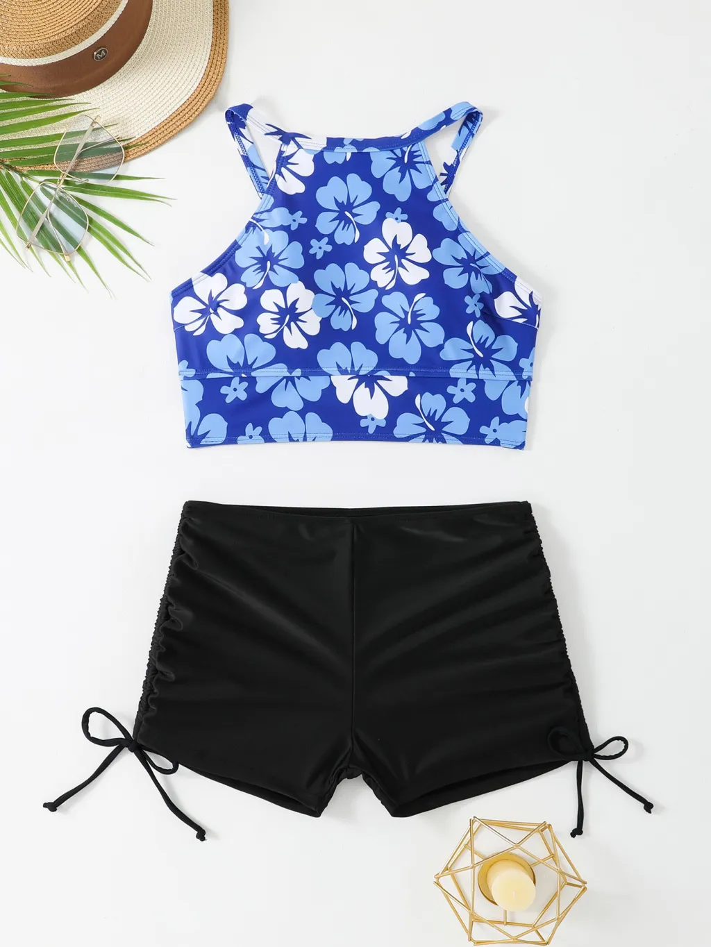 Vest High Waist Drawstring Conservative Split Boxers Bikini Swimsuit - Blue