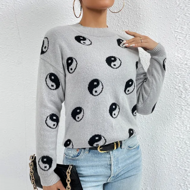 Jacquard Round Neck Pullover Knitted Sweater Women Gray - Shop at LoveMi