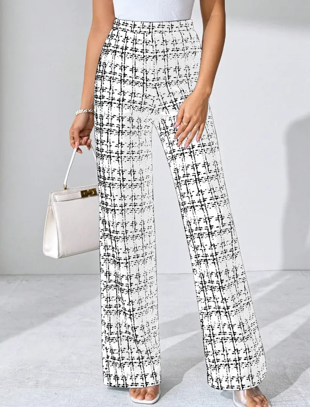 Women's Fashion Casual Plaid Printed Trousers White - Shop at LoveMi
