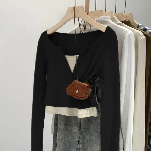 Fake Two piece Long sleeved T shirt For Women Autumn Black - Shop at LoveMi