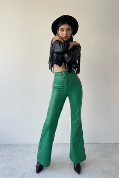 Women's Leather High Waist Stretch Metal Hole Lace-up Pants - Green - View 1