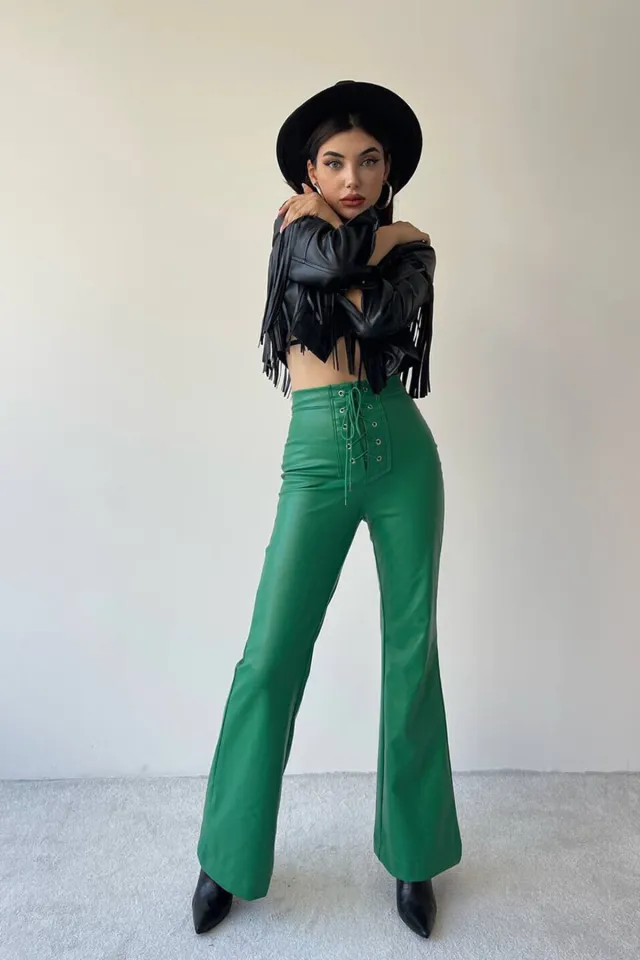 Women's Leather High Waist Stretch Metal Hole Lace up Pants Green - Shop at LoveMi