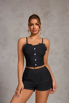 Strap-button Ruffle Crop Top And Shorts Set - Black - View 1