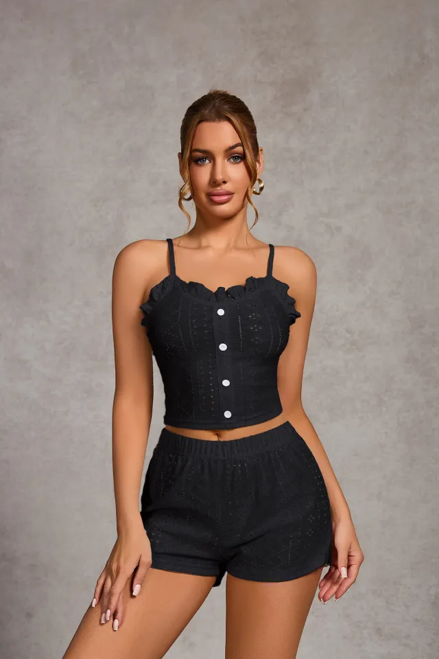 Strap button Ruffle Crop Top And Shorts Set Black - Shop at LoveMi