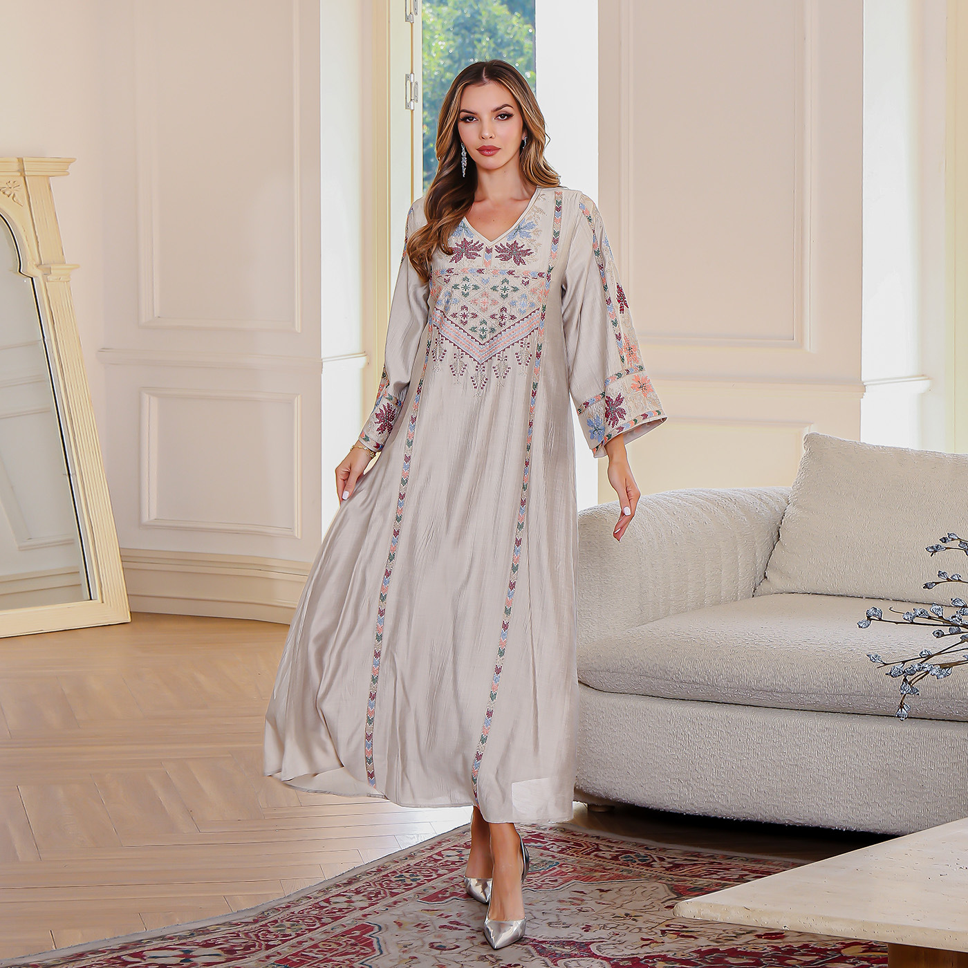 Women's Embroidery Stick on Crystals Dress Middle East Clothing Almond Color - Shop at LoveMi