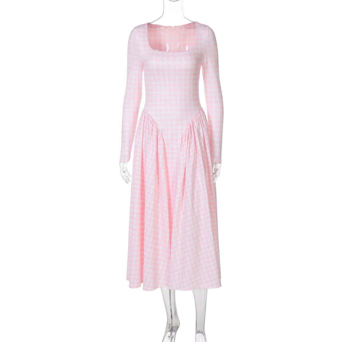 Sexy Tartan Skirt Fashion High Waist Big Swing Long Sleeve Dress Pink - Shop at LoveMi