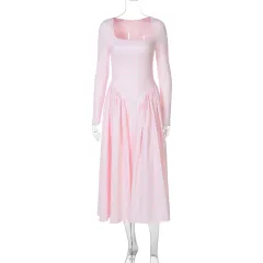 Sexy Tartan Skirt Fashion High Waist Big Swing Long Sleeve Dress - Pink - View 1
