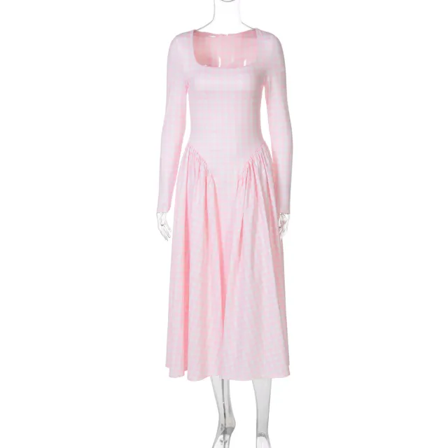 Sexy Tartan Skirt Fashion High Waist Big Swing Long Sleeve Dress Pink - Shop at LoveMi