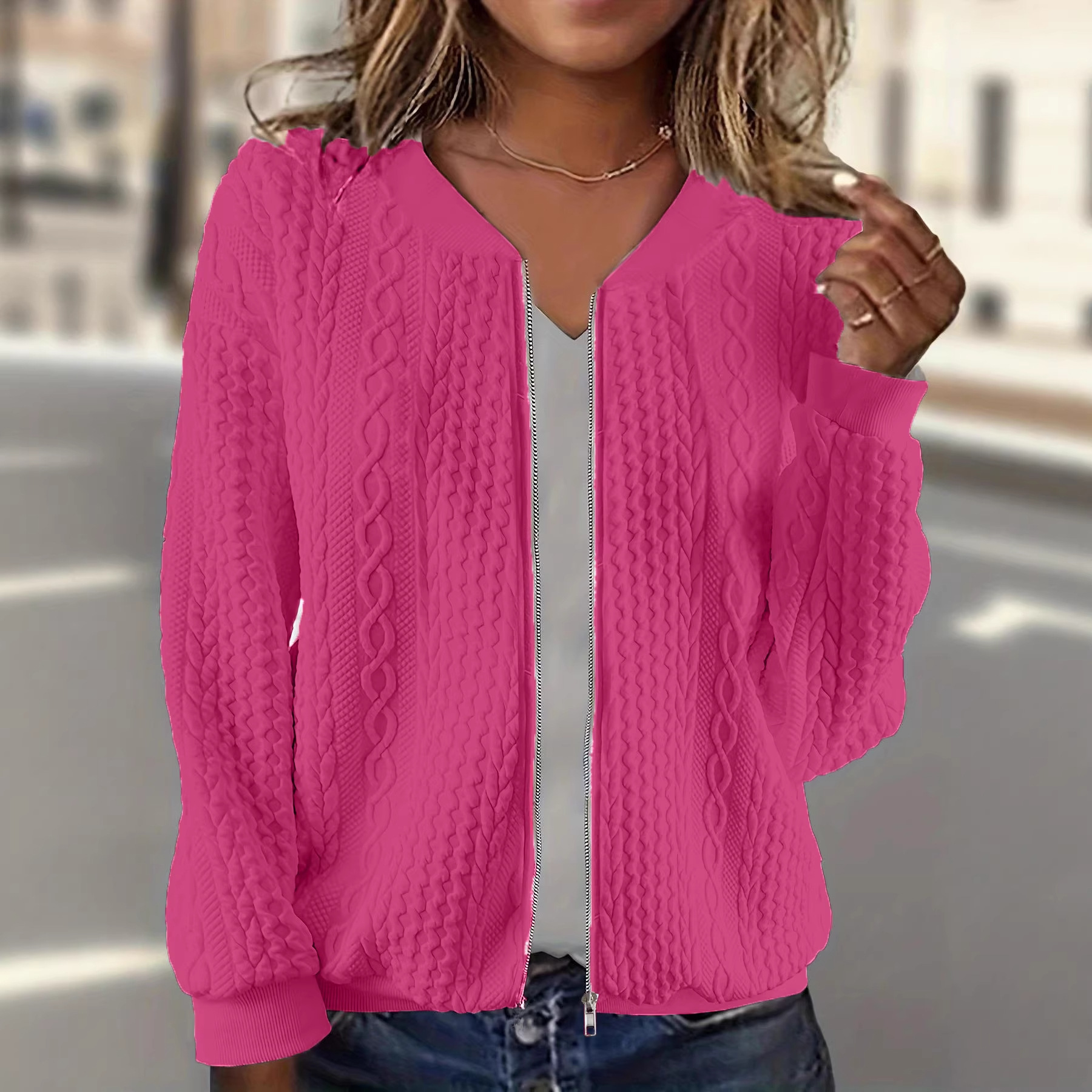 Womens Solid-color Plus-size Zip-up Cable-knit Long-sleeve Jacket
