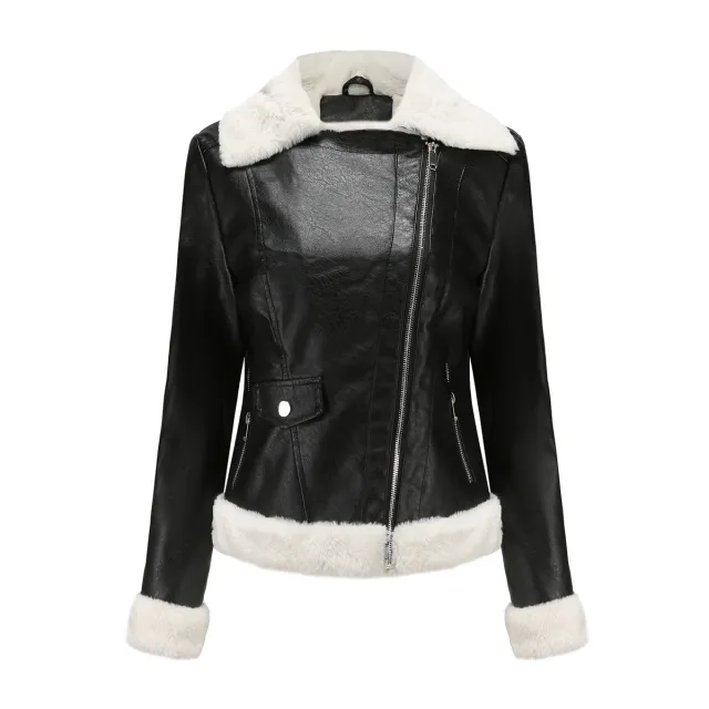 Fleece Leather Jacket Female European Code Warm Long Sleeves Turn down Collar Coat Black - Shop at LoveMi