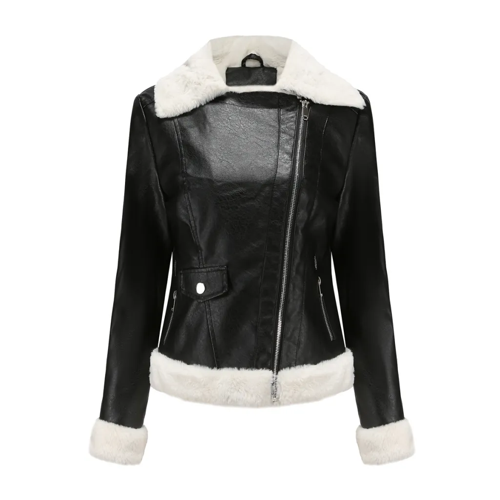 Fleece Leather Jacket Female European Code Warm Long Sleeves Turn-down Collar Coat - Black