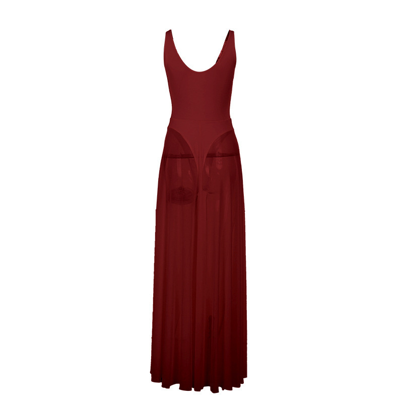Women's Solid Color Elegant Resort Bodycon Mesh A Line Dress Wine - Shop at LoveMi