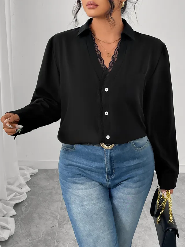 French Style Black Lace Shirt With Black Buttons Black - Shop at LoveMi