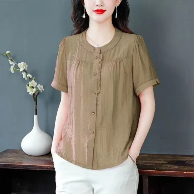 Spring And Summer Simplicity Temperament Crew Neck Cotton Linen Shirt Women Khaki - Shop at LoveMi