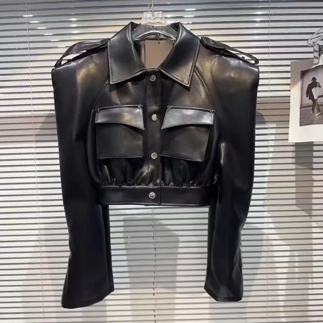 Short Motorcycle Clothing Leather Long sleeved Coat Fried Street Fashion PU Leather Jacket Black - Shop at LoveMi