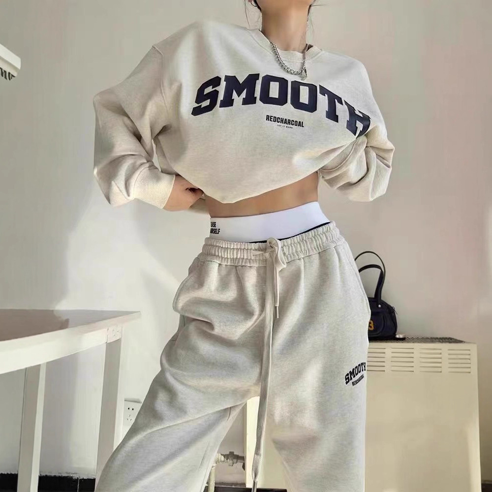 Gray Hoodie And Pants Fashion Running Two-piece Set Trendy