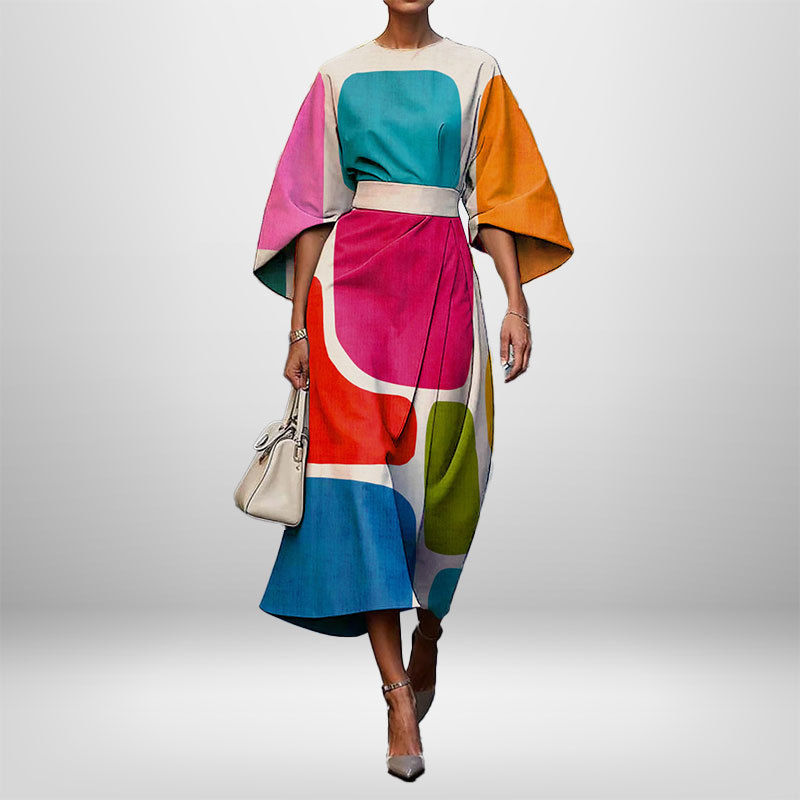 Women's Elegant Fashion Print Round Neck Long Dress Colorful Geometry - Shop at LoveMi