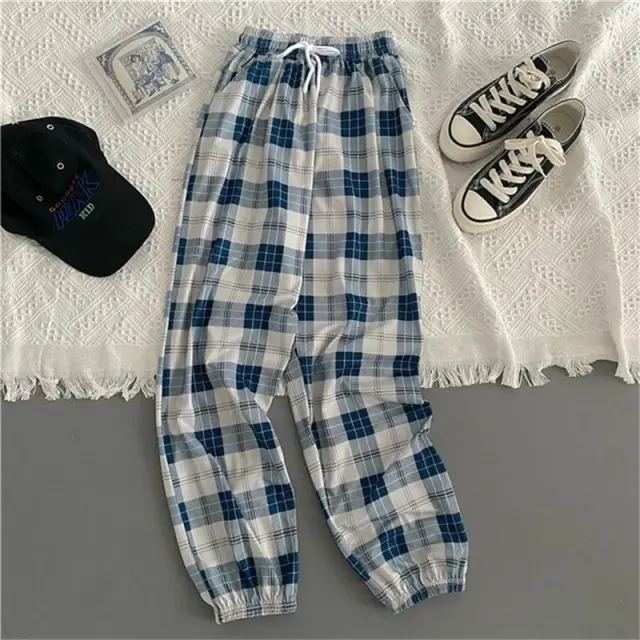 Plaid Pants Women's Casual Jogger Pants Fashion Loose Street Harem Pants Blue - Shop at LoveMi