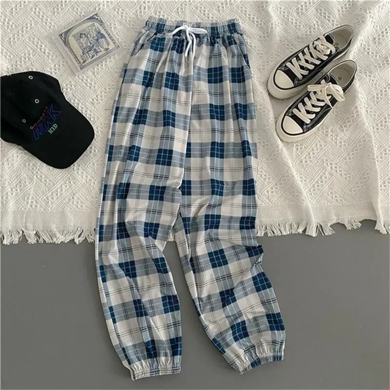 Plaid Pants Women's Casual Jogger Pants Fashion Loose Street Harem Pants - Blue