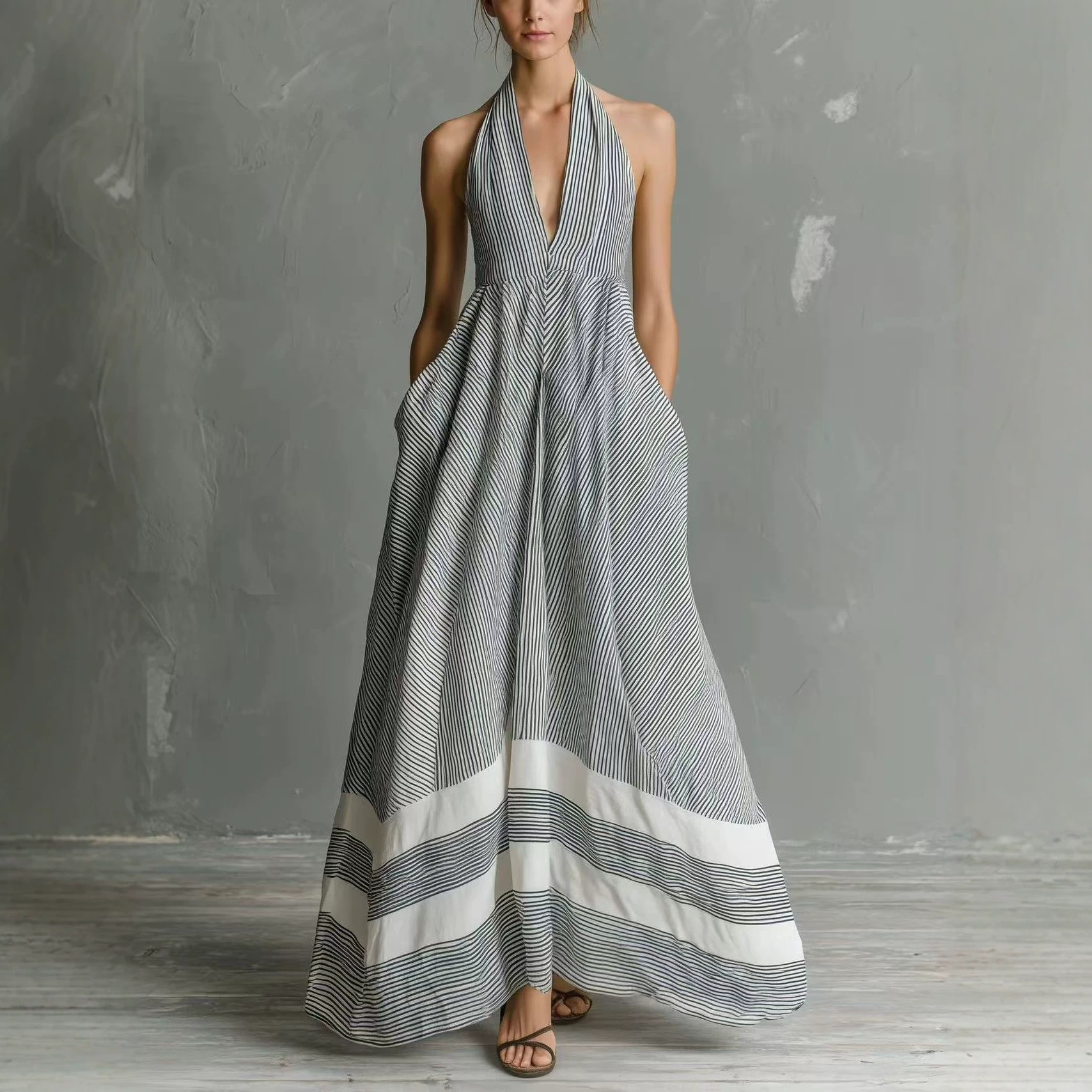 Halter Neck V Neck Waist Cinched Maxi Dress