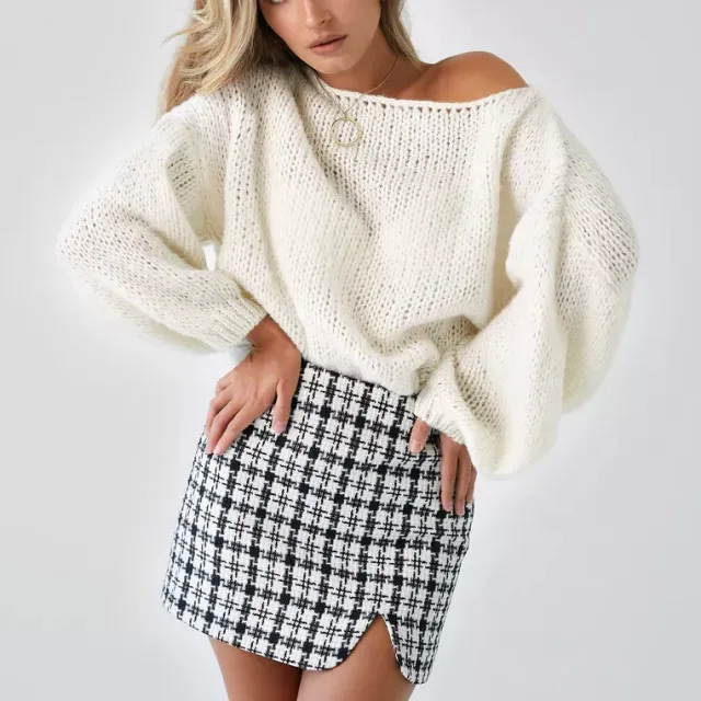 Women's Off shoulder Solid Color Loose Knitted Pullover Sweater Beige - Shop at LoveMi