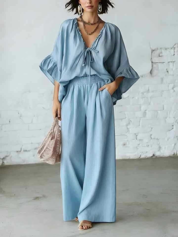 Women's loose-fit V-neck wide-leg pants two-piece set – drop shoulder casual resort