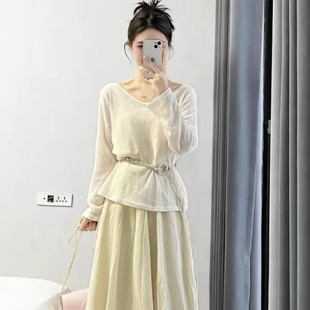 Summer Wear Suit Women's Slimming Top Skirt Long Sleeve With Belt 3Xl - Shop at LoveMi