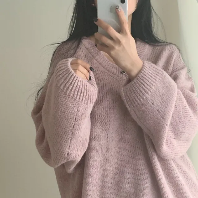 Women's V neck Solid Color Pullover Long Sleeve Sweater Pink - Shop at LoveMi
