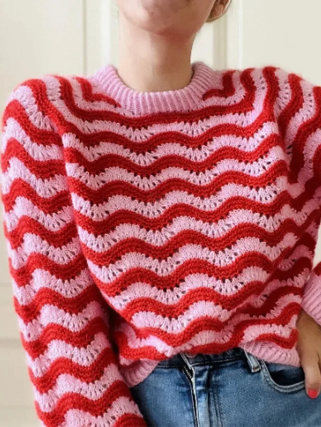 Round Neck Wave Striped Fashion Casual Women's Sweater Pink - Shop at LoveMi