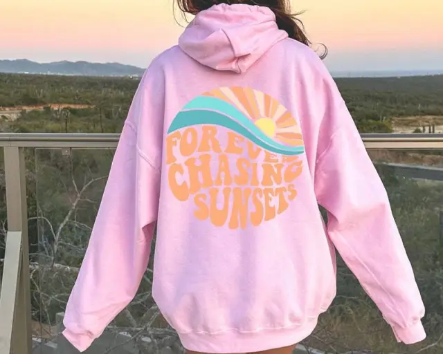 Fleece lined Sunset Print Kangaroo Pocket Drawstring Hoodie Pink - Shop at LoveMi