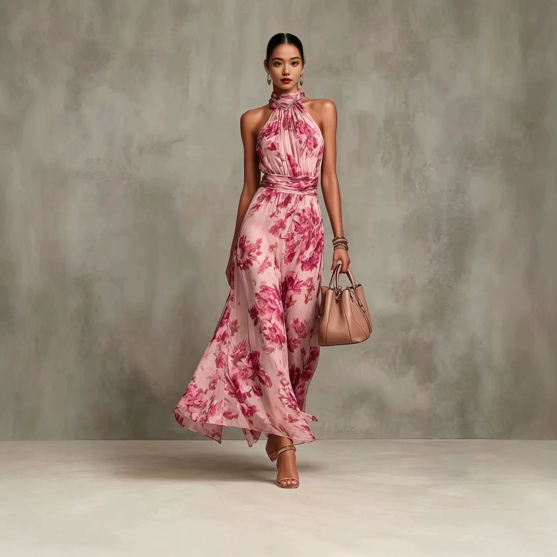 Women's Printed Chiffon Maxi Dress – Bright Pink colorway side view