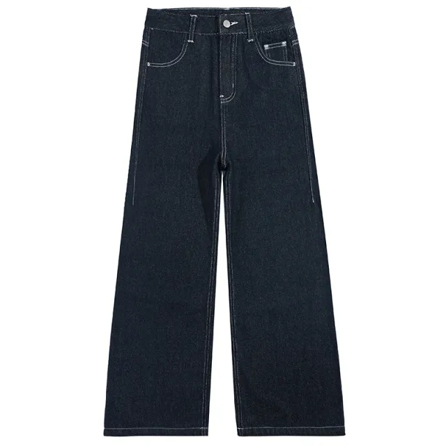 Fashion American Wide Leg Jeans For Women Dark Blue Lengthened - Shop at LoveMi