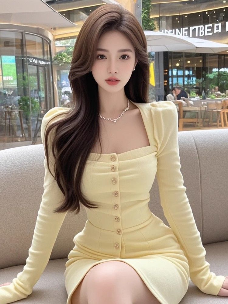 Yellow Mesh Square Neck Long Sleeve Dress with Hood