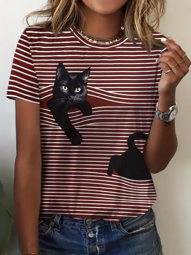 European And American Ladies Tie dye Cat Print Garden Collar T shirt Red - Shop at LoveMi