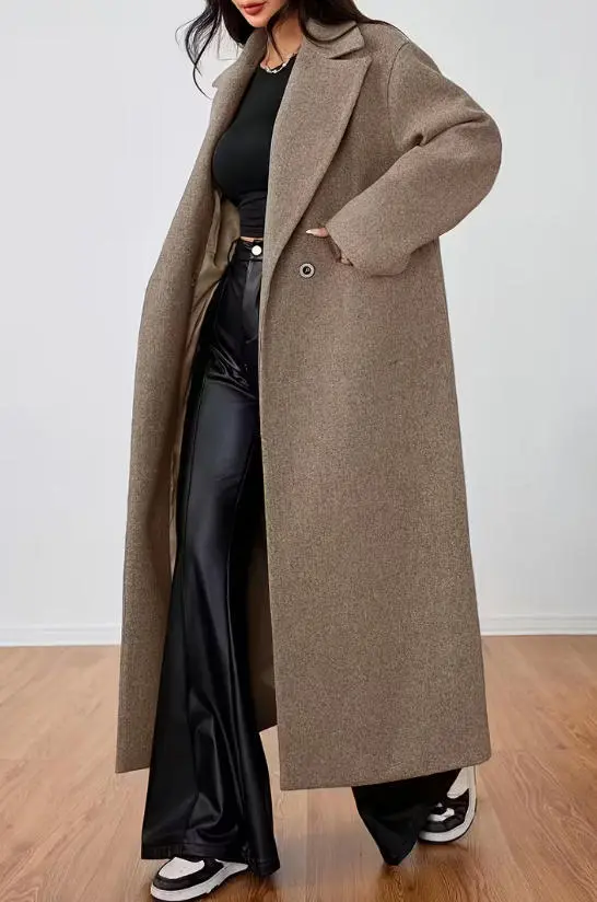 Women's Wool Coat Fashion Long Sleeve Lapel Long Coat Brown - Shop at LoveMi
