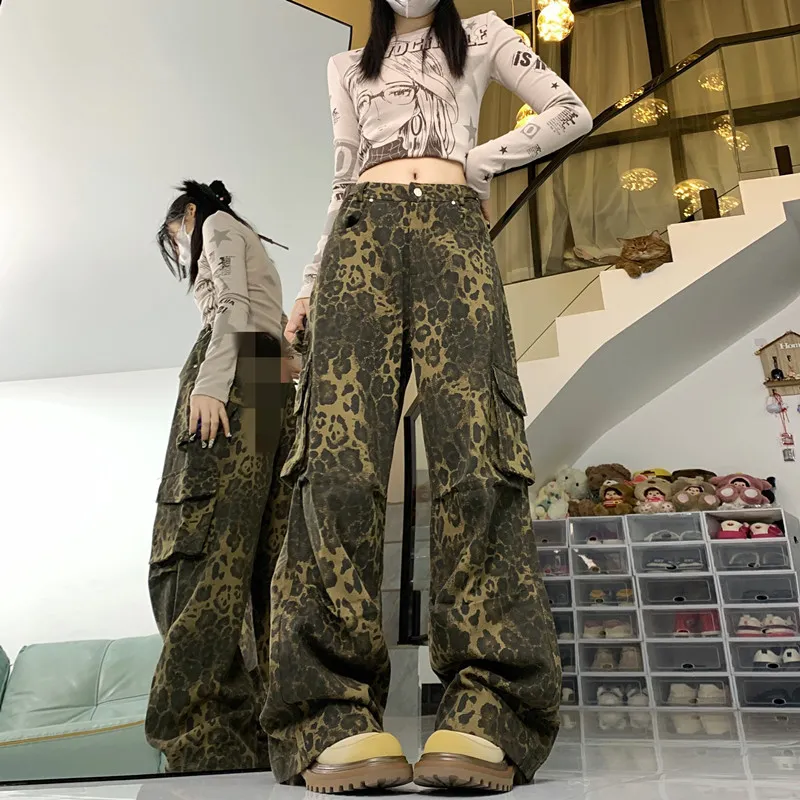 Loose American Retro Wide Leg Overalls - Leopard Print Overalls