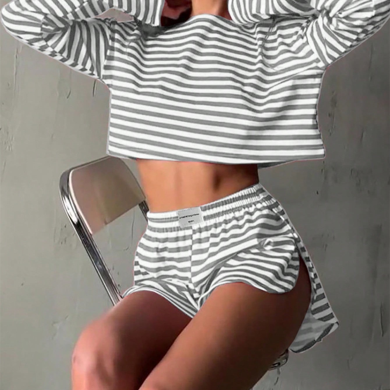 Comfortable And Stylish Knitted Striped Long-sleeve Pajama Set With Shorts 3