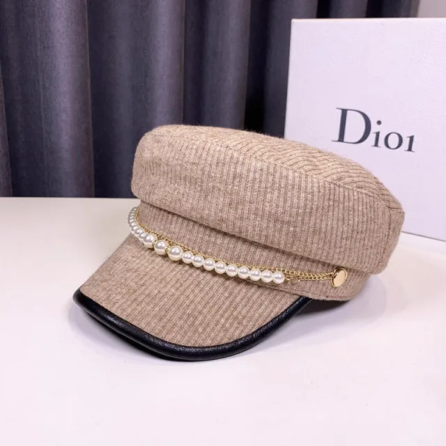 Autumn And Winter Pearl Chain Flat Top Navy Hat Women Navy - Shop at LoveMi