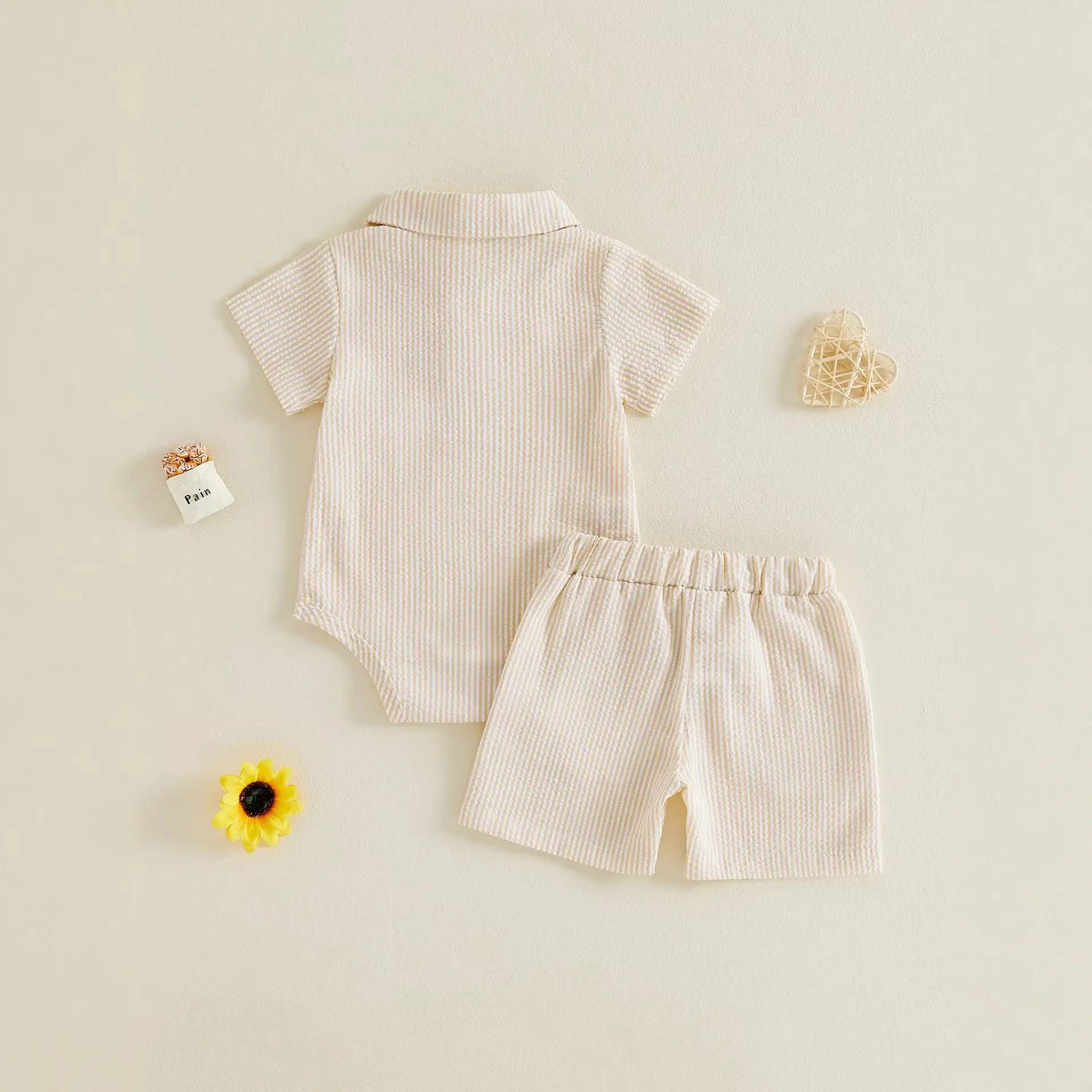 Simple And Casual Waffle-knit Polo-neck Short-sleeve Romper And Shorts Set