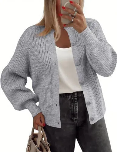 Round Neck Buckle Women's Cardigan Sweater Long Sleeve Gray - Shop at LoveMi