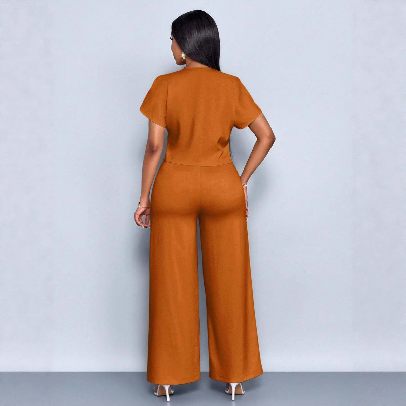 Short-sleeve V-neck Irregular Cardigan And Straight-leg Wide-leg Pants Set