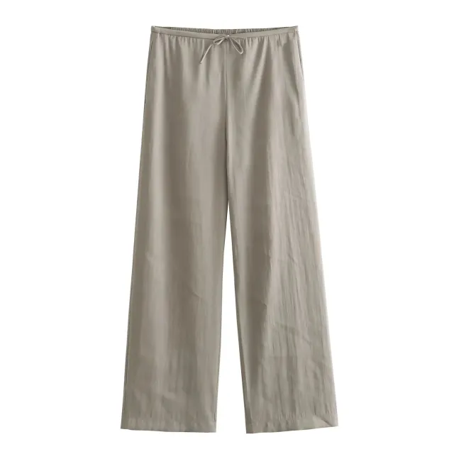 Simple Solid Color Wide Leg Trousers Women's Elegant Lace up Trousers Khaki - Shop at LoveMi