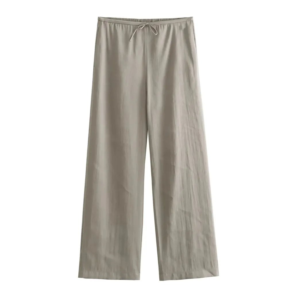 Simple Solid Color Wide Leg Trousers Women's Elegant Lace-up - Trousers Khaki