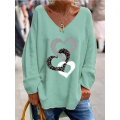 Solid Colour And V-neck Long Sleeve Loose Casual And Comfortable Top - Green - View 1