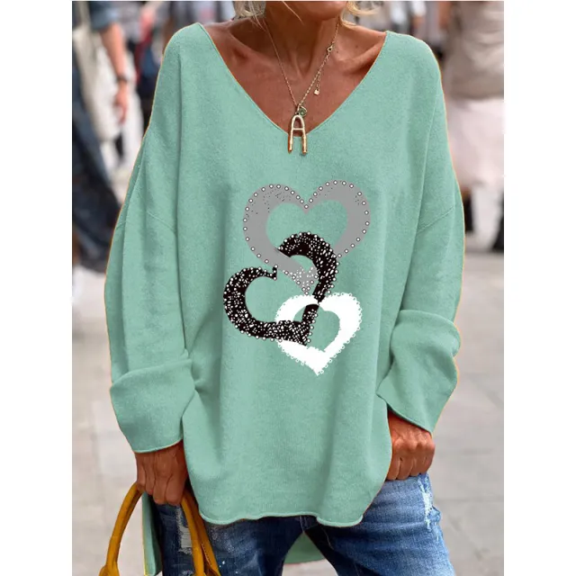 Solid Color And V neck Long Sleeve Loose Casual And Comfortable Top Green - Shop at LoveMi