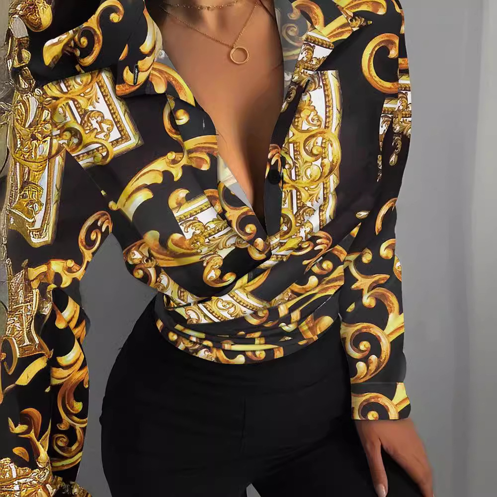 Women's Loose Long-sleeved V-neck Printed Shirt