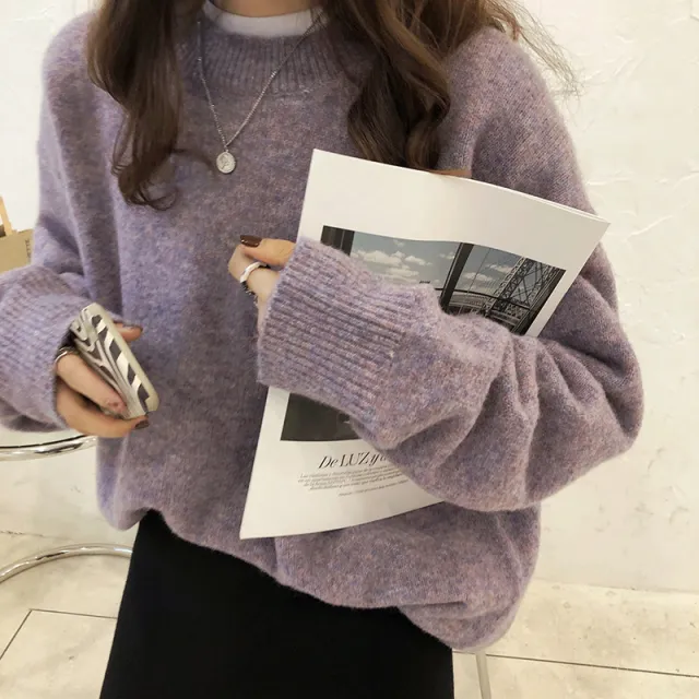Solid Color Pullover Soft Glutinous Thickened Women's Round Neck Sweater Purple - Shop at LoveMi